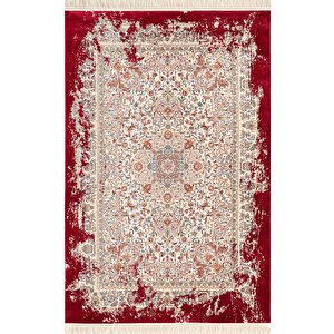 Diamente Dm005j Krem Kırmızı Çerçeveli Halı Modern Klasik Desen 100 Tarak Bambu Viskon İpek Serisi 100x300 cm