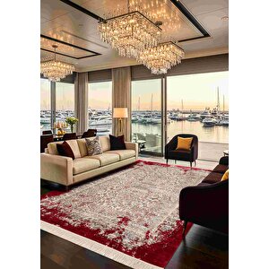 Diamente Dm005j Krem Kırmızı Çerçeveli Halı Modern Klasik Desen 100 Tarak Bambu Viskon İpek Serisi 100x300 cm