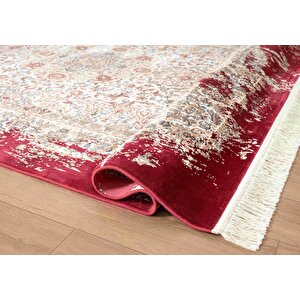 Diamente Dm005j Krem Kırmızı Çerçeveli Halı Modern Klasik Desen 100 Tarak Bambu Viskon İpek Serisi 100x300 cm
