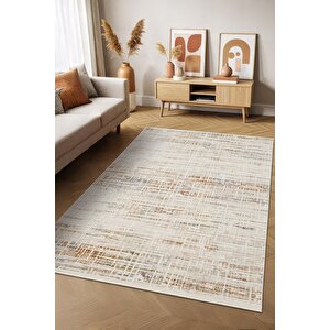 Icon Ic009r Krem Renkli Modern Desenli Akrilik Pamuk Tabanlı Tozu Az 4 Mevsim Salon Halısı 80x300 cm