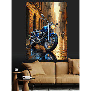 Islak Yolda Mavi Motosiklet Dekoratif Kanvas - Mdf Ahşap Tablo 50x70 cm