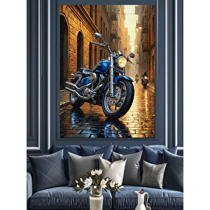 Islak Yolda Mavi Motosiklet Dekoratif Kanvas - Mdf Ahşap Tablo 50x70 cm