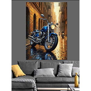 Islak Yolda Mavi Motosiklet Dekoratif Kanvas - Mdf Ahşap Tablo 50x70 cm