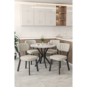 Gnr 90cm Sabit Beyaz Mutfak Masası Takımı, Yemek Masası, 4 Modern Krem Sandalye Krem