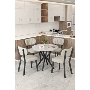 Gnr 90cm Sabit Beyaz Mutfak Masası Takımı, Yemek Masası, 4 Modern Krem Sandalye Krem
