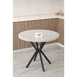 Gnr 90cm Sabit Beyaz Mutfak Masası Takımı, Yemek Masası, 4 Modern Krem Sandalye