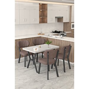 Gnr 70x110cm Sabit Beyaz Mutfak Masası Takımı, Yemek Masası, 4 Modern Kahverengi Sandalye Kahverengi