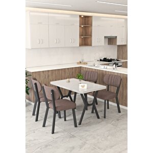 Gnr 70x110cm Sabit Beyaz Mutfak Masası Takımı, Yemek Masası, 4 Modern Kahverengi Sandalye Kahverengi