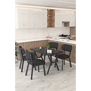 Gnr 70x110cm Sabit Siyah Mutfak Masası Takımı, Yemek Masası, 4 Modern Siyah Sandalye Siyah