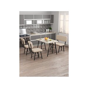 Hayat 70 X 110 Efes Mutfak Masası, Mutfak Masası Takımı, Yemek Masası, 2 Sandalye 1 Bench - Krem Krem