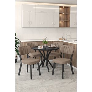 Gnr 90cm Sabit Siyah Mutfak Masası Takımı, Yemek Masası, 4 Modern Cappucino Sandalye Cappuccino