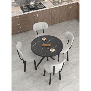 Azra 90cm Bendir Mutfak Masası, Mutfak Masası Takımı, Yemek Masası, 4 Açık Gri Sandalye Açık Gri