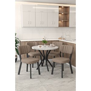 Gnr 90cm Sabit Beyaz Mutfak Masası Takımı, Yemek Masası, 4 Modern Cappucino Sandalye Cappuccino