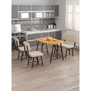Hayat 70 X 110 Atlantik Mutfak Masası, Mutfak Masası Takımı, Yemek Masası, 2 Sandalye 1 Bench - Krem
