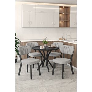 Gnr 90cm Sabit Siyah Mutfak Masası Takımı, Yemek Masası, 4 Modern Gri Sandalye Açık Gri