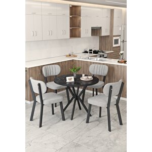 Gnr 90cm Sabit Siyah Mutfak Masası Takımı, Yemek Masası, 4 Modern Gri Sandalye Açık Gri