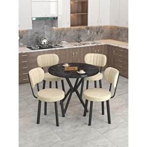 Azra 90cm Bendir Mutfak Masası, Mutfak Masası Takımı, Yemek Masası, 4 Krem Sandalye Krem