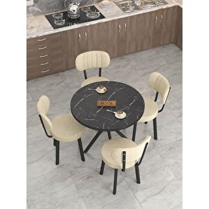 Azra 90cm Bendir Mutfak Masası, Mutfak Masası Takımı, Yemek Masası, 4 Krem Sandalye Krem