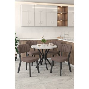 Gnr 90cm Sabit Beyaz Mutfak Masası Takımı, Yemek Masası, 4 Modern Kahverengi Sandalye Kahverengi