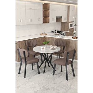 Gnr 90cm Sabit Beyaz Mutfak Masası Takımı, Yemek Masası, 4 Modern Kahverengi Sandalye Kahverengi