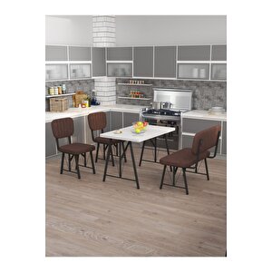 Hayat 70 X 110 Beyaz Mutfak Masası, Mutfak Masası Takımı, Yemek Masası, 2 Sandalye 1 Bench - Kahverengi Kahverengi