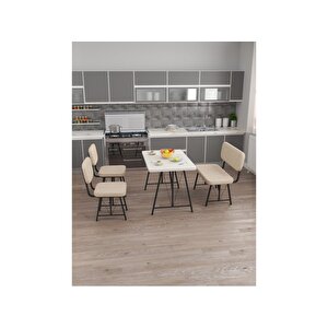 Hayat 70 X 110 Beyaz Mutfak Masası, Mutfak Masası Takımı, Yemek Masası, 2 Sandalye 1 Bench - Krem Krem