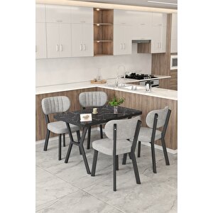 Gnr 70x110cm Sabit Siyah Mutfak Masası Takımı, Yemek Masası, 4 Modern Gri Sandalye Açık Gri