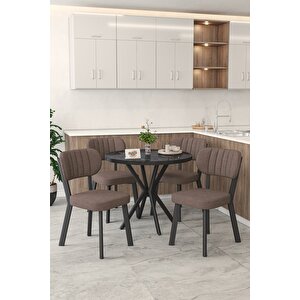 Gnr 90cm Sabit Siyah Mutfak Masası Takımı, Yemek Masası, 4 Modern Kahverengi Sandalye Kahverengi