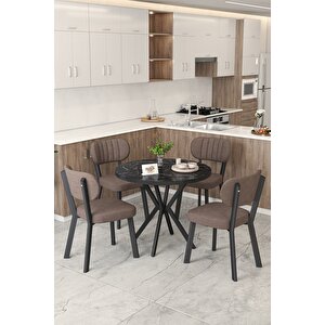 Gnr 90cm Sabit Siyah Mutfak Masası Takımı, Yemek Masası, 4 Modern Kahverengi Sandalye Kahverengi