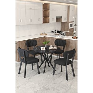 Gnr 90cm Sabit Siyah Mutfak Masası Takımı, Yemek Masası, 4 Modern Siyah Sandalye Siyah