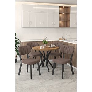Gnr 90cm Sabit Atlantik Mutfak Masası Takımı, Yemek Masası, 4 Modern Kahverengi Sandalye Kahverengi