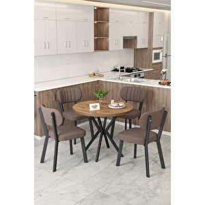 Gnr 90cm Sabit Atlantik Mutfak Masası Takımı, Yemek Masası, 4 Modern Kahverengi Sandalye Kahverengi