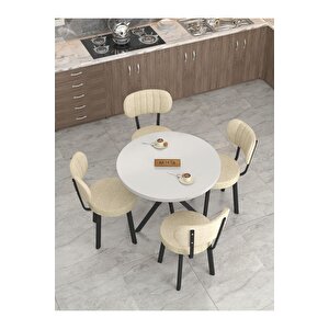 Azra 90cm Beyaz Mutfak Masası, Mutfak Masası Takımı, Yemek Masası, 4 Krem Sandalye Krem