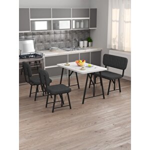 Hayat 70 X 110 Beyaz Mutfak Masası, Mutfak Masası Takımı, Yemek Masası, 2 Sandalye 1 Bench - Antrasit Antrasit