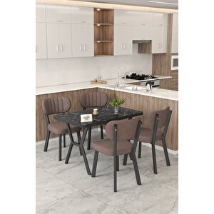 Gnr 70x110cm Sabit Siyah Mutfak Masası Takımı, Yemek Masası, 4 Modern Kahverengi Sandalye