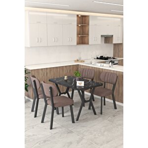 Gnr 70x110cm Sabit Siyah Mutfak Masası Takımı, Yemek Masası, 4 Modern Kahverengi Sandalye
