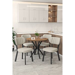 Gnr 90cm Sabit Atlantik Mutfak Masası Takımı, Yemek Masası, 4 Modern Krem Sandalye Krem