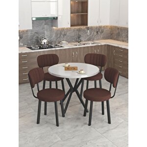 Azra 90cm Beyaz Mutfak Masası, Mutfak Masası Takımı, Yemek Masası, 4 Kahverengi Sandalye Kahverengi