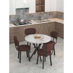 Azra 90cm Beyaz Mutfak Masası, Mutfak Masası Takımı, Yemek Masası, 4 Kahverengi Sandalye Kahverengi