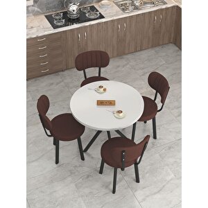 Azra 90cm Beyaz Mutfak Masası, Mutfak Masası Takımı, Yemek Masası, 4 Kahverengi Sandalye Kahverengi
