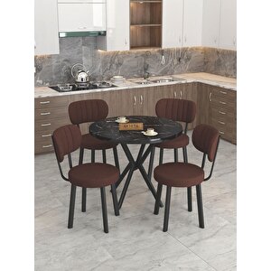 Azra 90cm Bendir Mutfak Masası, Mutfak Masası Takımı, Yemek Masası, 4 Kahverengi Sandalye Kahverengi