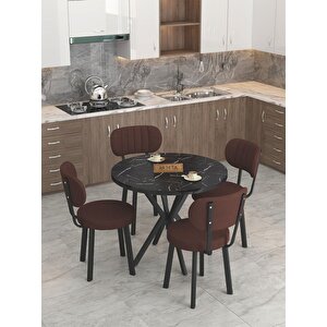 Azra 90cm Bendir Mutfak Masası, Mutfak Masası Takımı, Yemek Masası, 4 Kahverengi Sandalye Kahverengi
