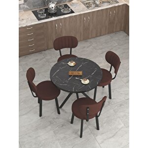 Azra 90cm Bendir Mutfak Masası, Mutfak Masası Takımı, Yemek Masası, 4 Kahverengi Sandalye Kahverengi