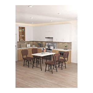 Hayat 70 X 110 Cm Sabit Beyaz Mutfak Masası, Mutfak Masası Takımı, Yemek Masası, 4 Kahverengi Sandalye Kahverengi