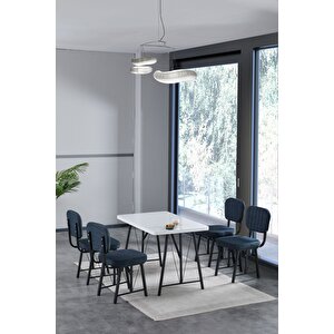 Hayat 70 X 110 Cm Sabit Beyaz Mutfak Masası, Mutfak Masası Takımı, Yemek Masası, 4 Lacivert Sandalye Lacivert