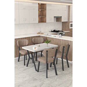 Gnr 70x110cm Sabit Beyaz Mutfak Masası Takımı, Yemek Masası, 4 Modern Cappucino Sandalye Cappuccino