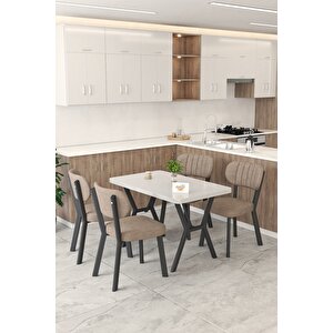 Gnr 70x110cm Sabit Beyaz Mutfak Masası Takımı, Yemek Masası, 4 Modern Cappucino Sandalye Cappuccino