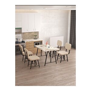 Hayat 70 X 110 Cm Sabit Efes Mutfak Masası, Mutfak Masası Takımı, Yemek Masası, 4 Krem Sandalye Krem