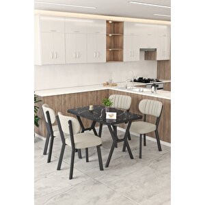 Gnr 70x110cm Sabit Siyah Mutfak Masası Takımı, Yemek Masası, 4 Modern Krem Sandalye Krem