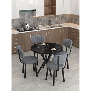 Azra 90cm Bendir Mutfak Masası, Mutfak Masası Takımı, Yemek Masası, 4 Koyu Gri Sandalye Koyu Gri